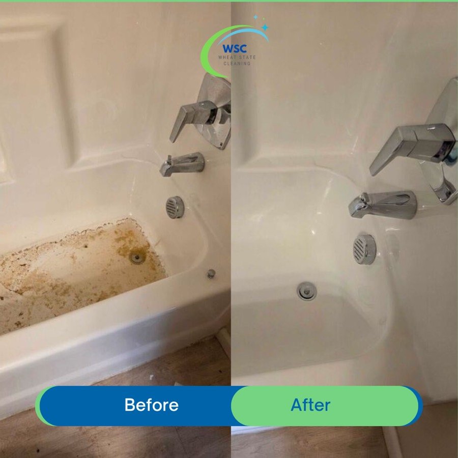 Bathtub before and after deep cleaning in Lawrence, KS